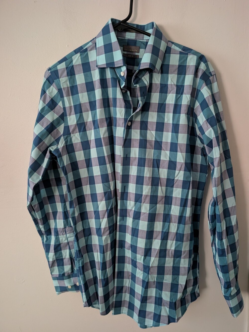 Calibrate Trim Fit Mens Plaid Blue Dress Shirt